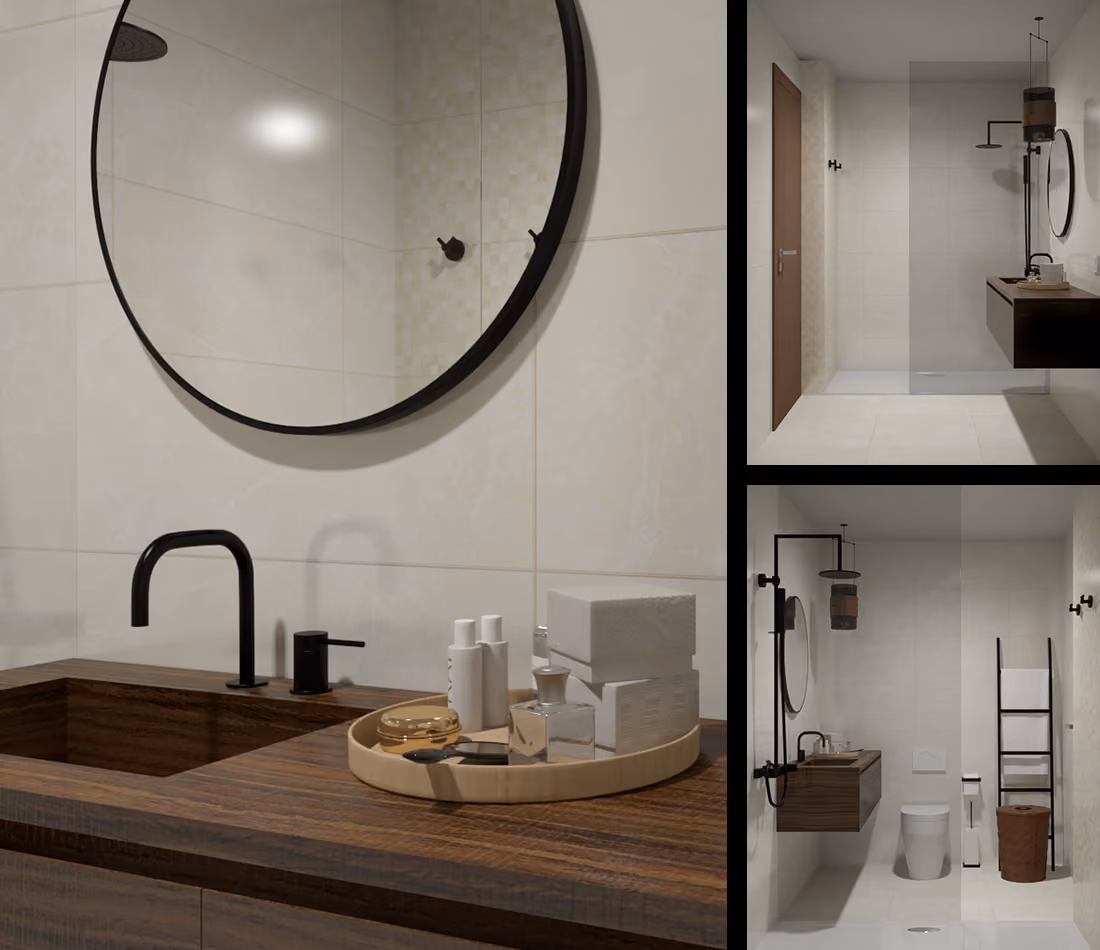 Modern bathroom with wood sink, black faucet, round mirror, shower, and toilet with ladder towel rack.
