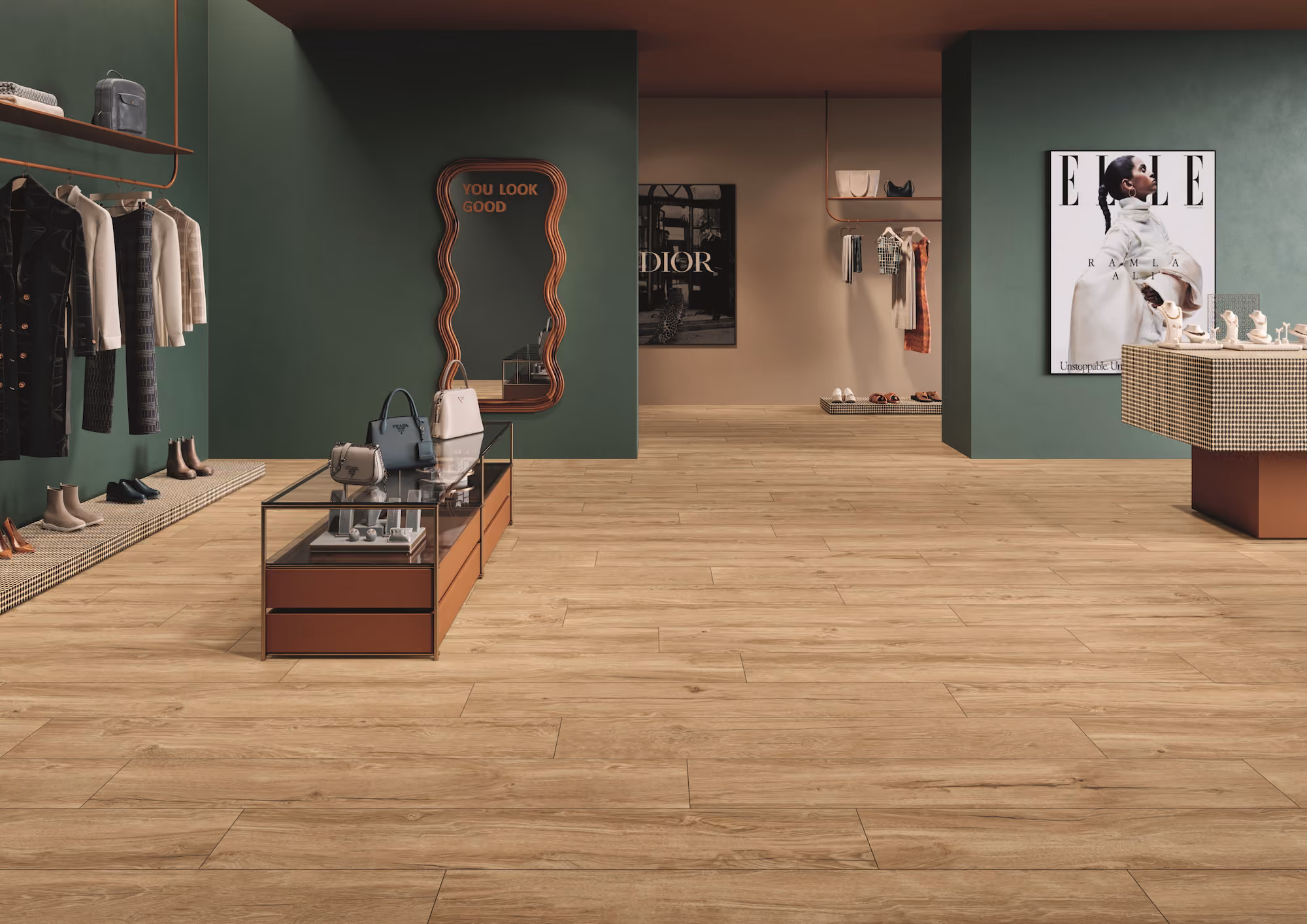Modern fashion boutique with wooden floor, green walls, clothing, bags, shoes, and decorative mirrors.