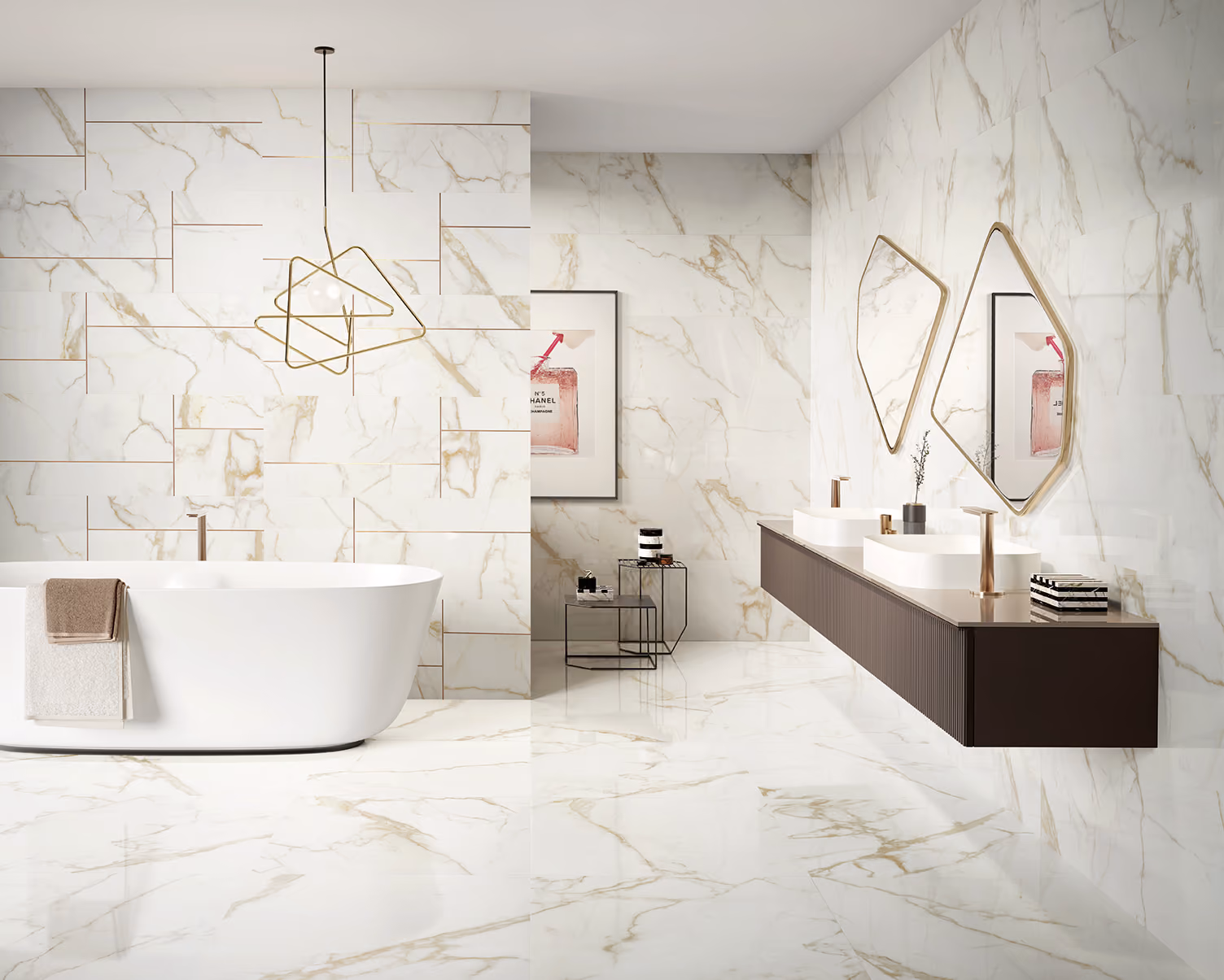 Modern bathroom with freestanding tub, double sinks under gold-framed mirrors, and marble walls and floor.