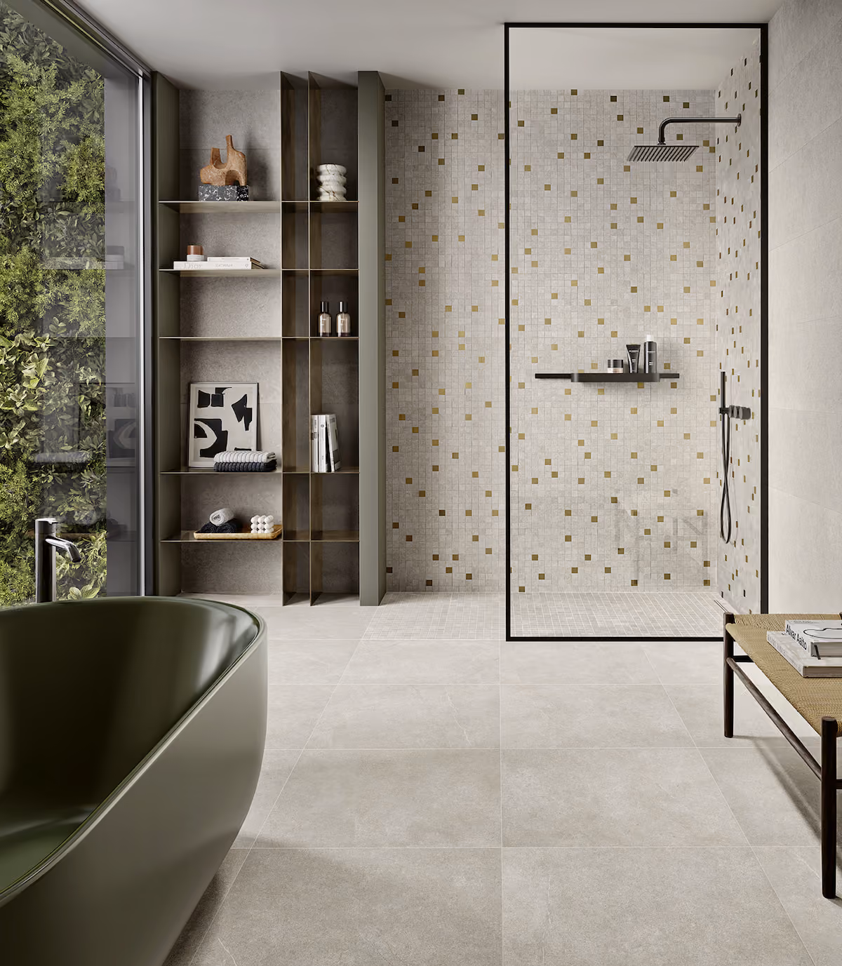 Modern bathroom with olive green tub, glass-walled shower, open shelving, and large window with plants outside.