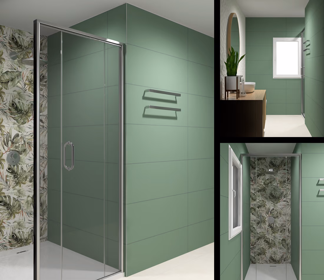 Modern bathroom with green tiled walls, glass shower, tropical wallpaper, and wood vanity with plant.