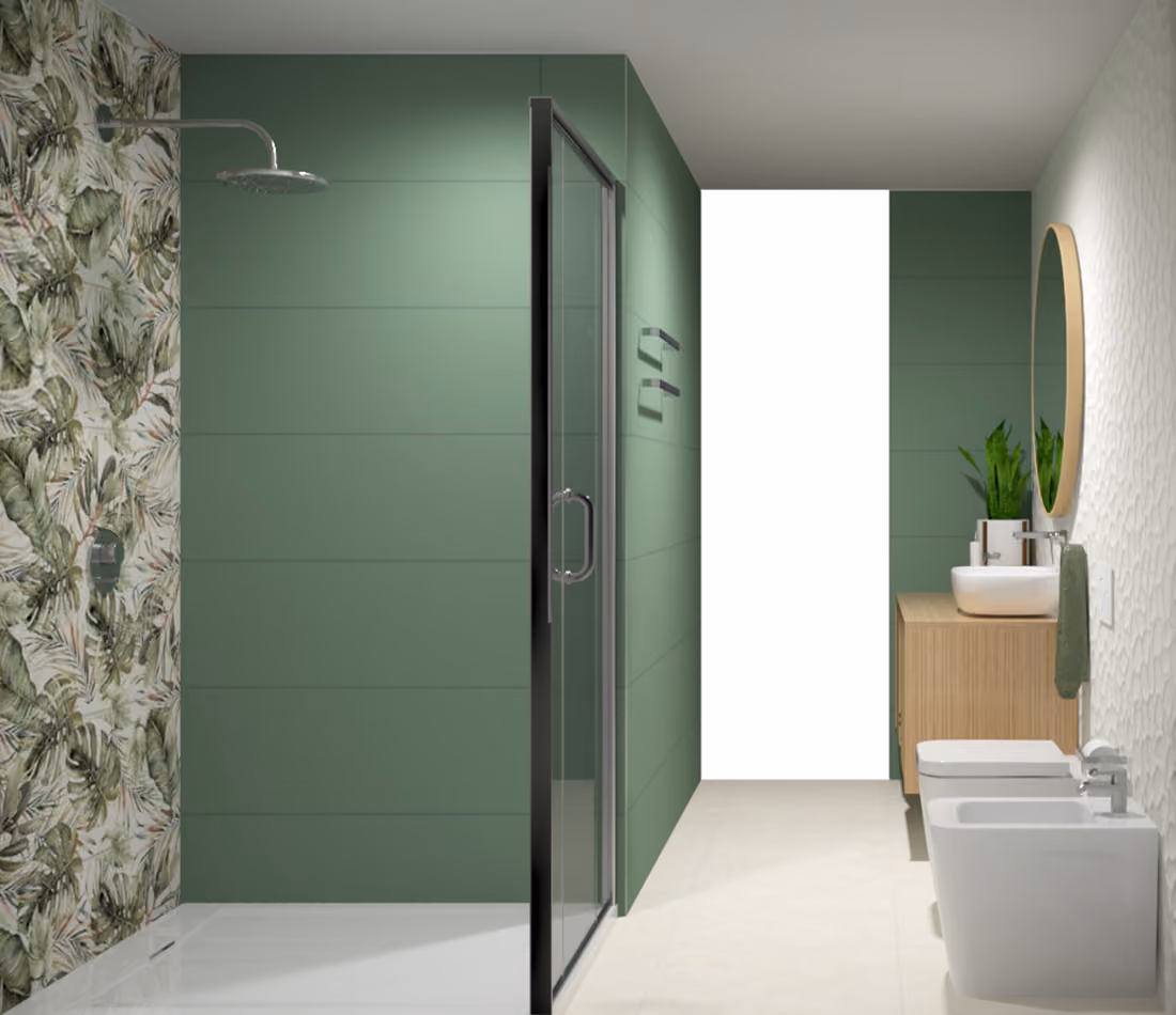 Modern bathroom with walk-in shower, green tiled walls, wooden vanity, white sink, bidet, and round mirror.