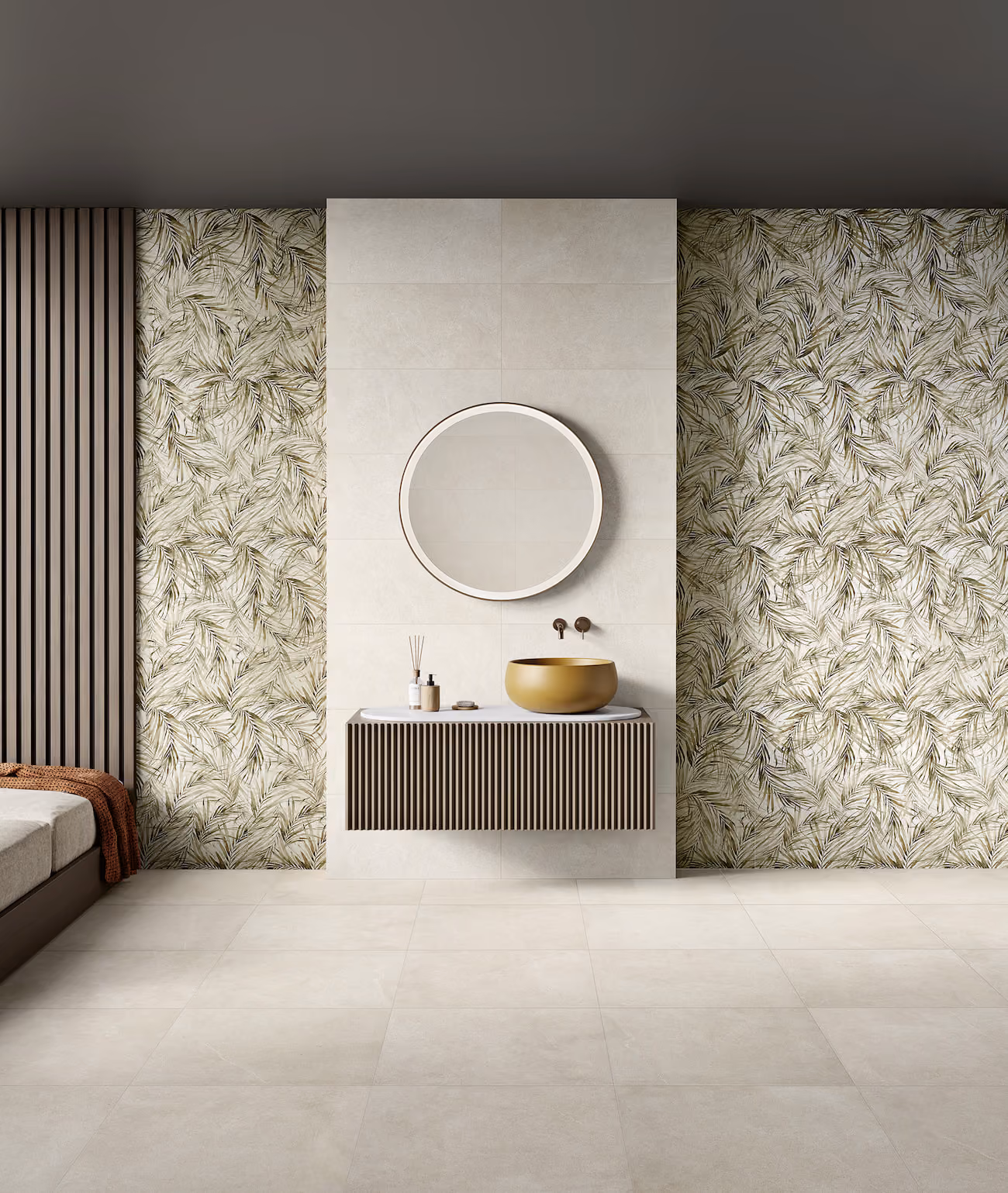 Modern bathroom with round mirror, mustard vessel sink, wood slat cabinet, and leaf-pattern wallpaper.