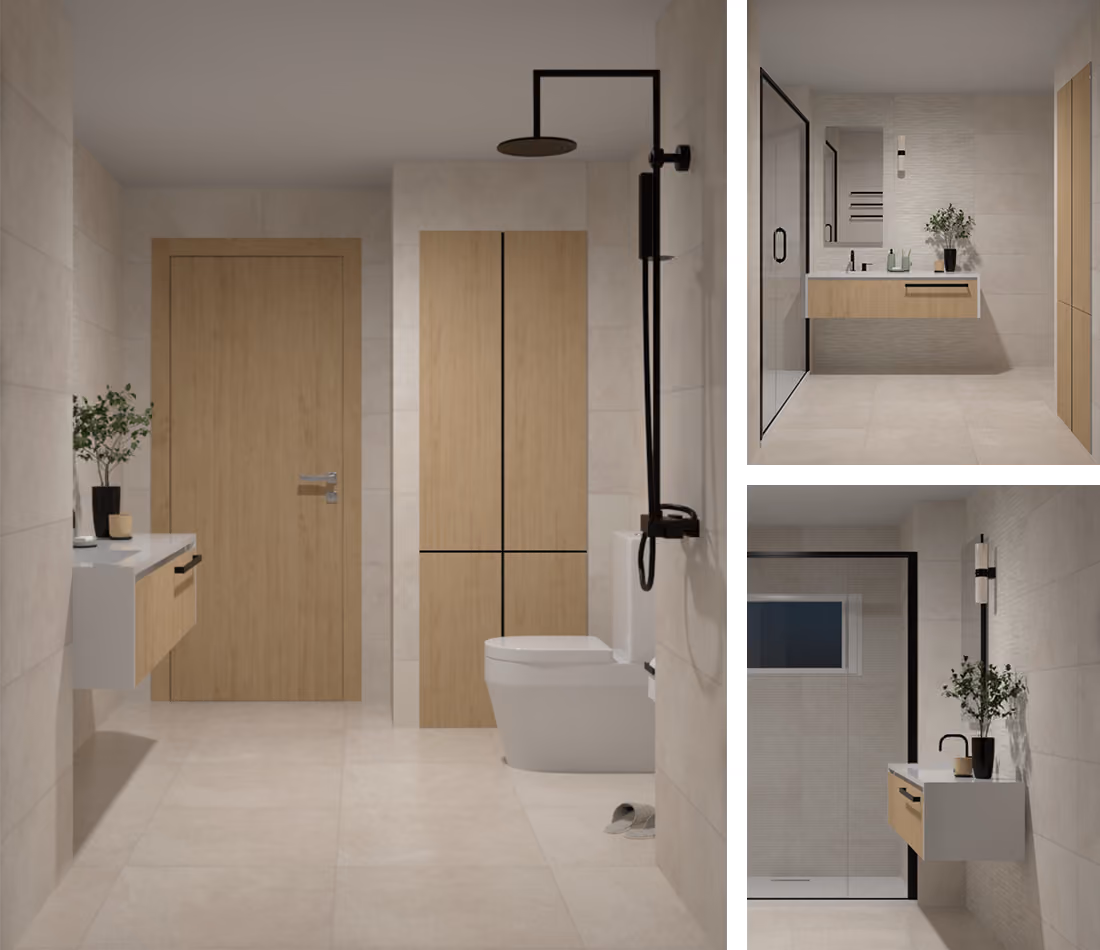 Minimalist bathroom with beige tiles, wooden door and cabinets, black shower fixture, and floating vanity with plants.