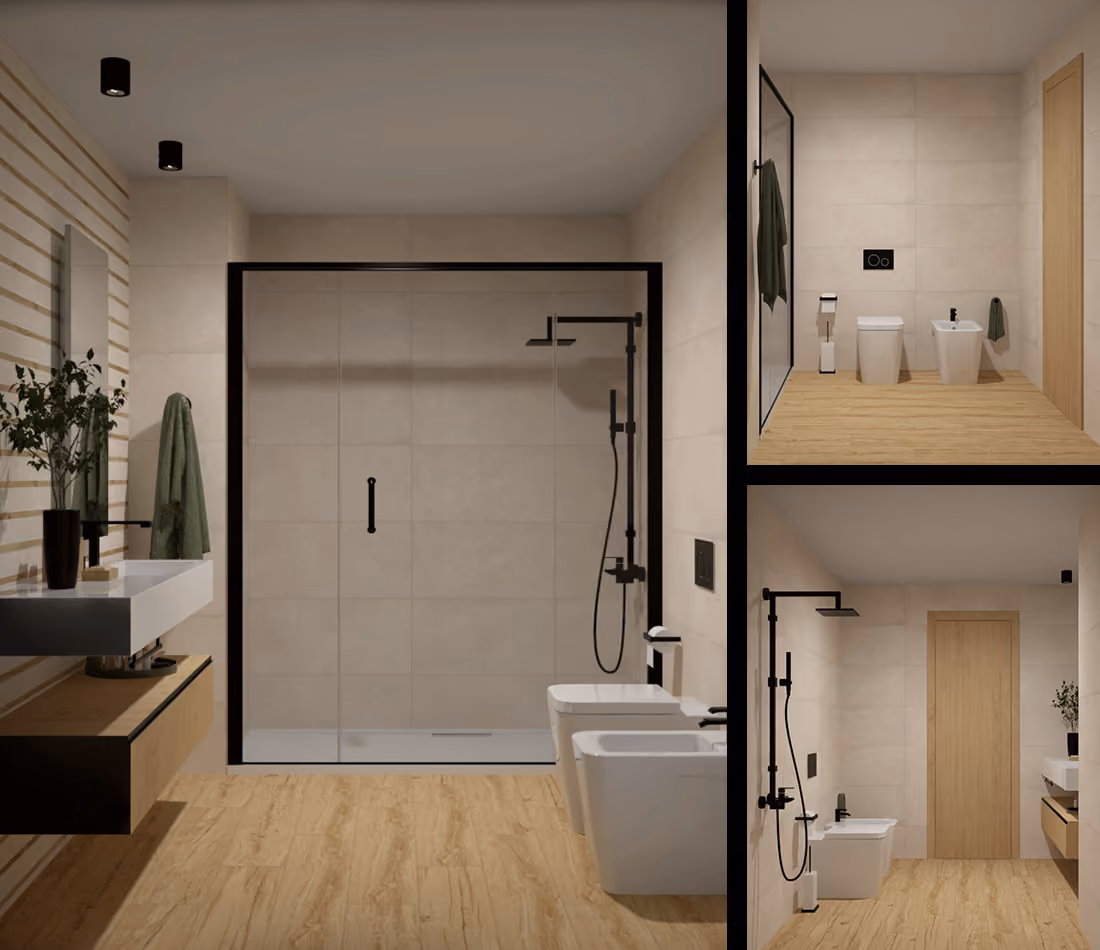 Modern bathroom with glass shower, white sink, bidet, toilet, wood floor, and beige tiled walls.