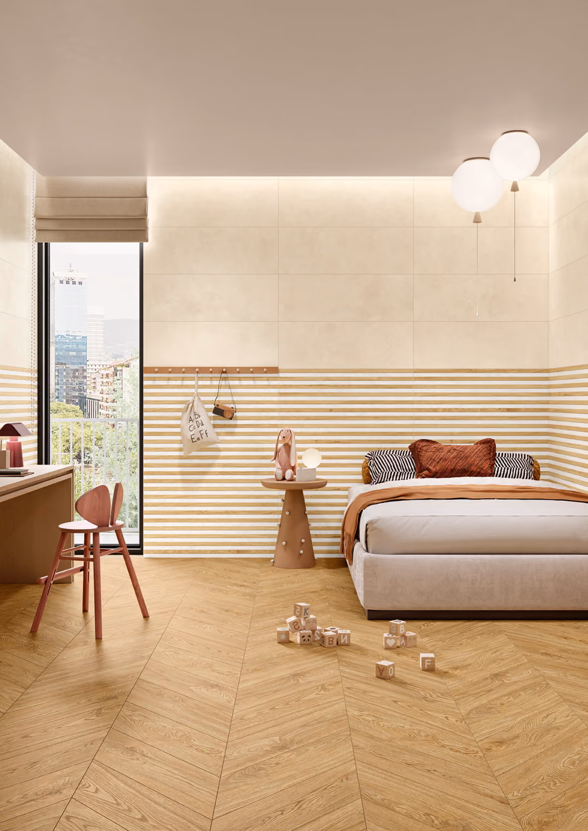 Modern bedroom with wood flooring, bed, side table, wooden chair, toys on floor, and city view window.