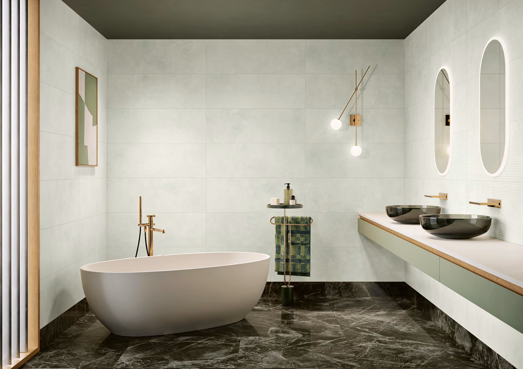 Modern bathroom with freestanding tub, black vessel sinks, oval mirrors, and marble floor.