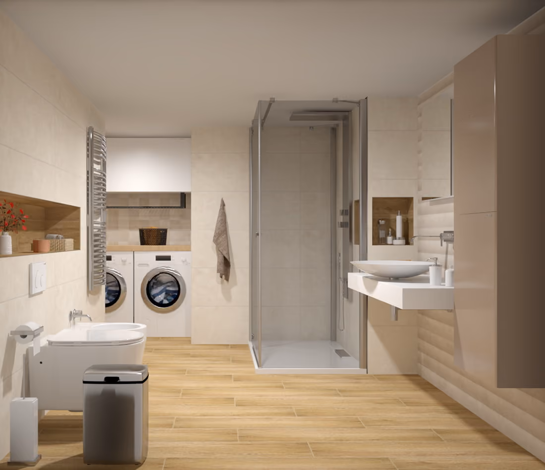 Modern bathroom with beige tiles, wooden floor, glass shower, white sink, bidet, and washing machine.