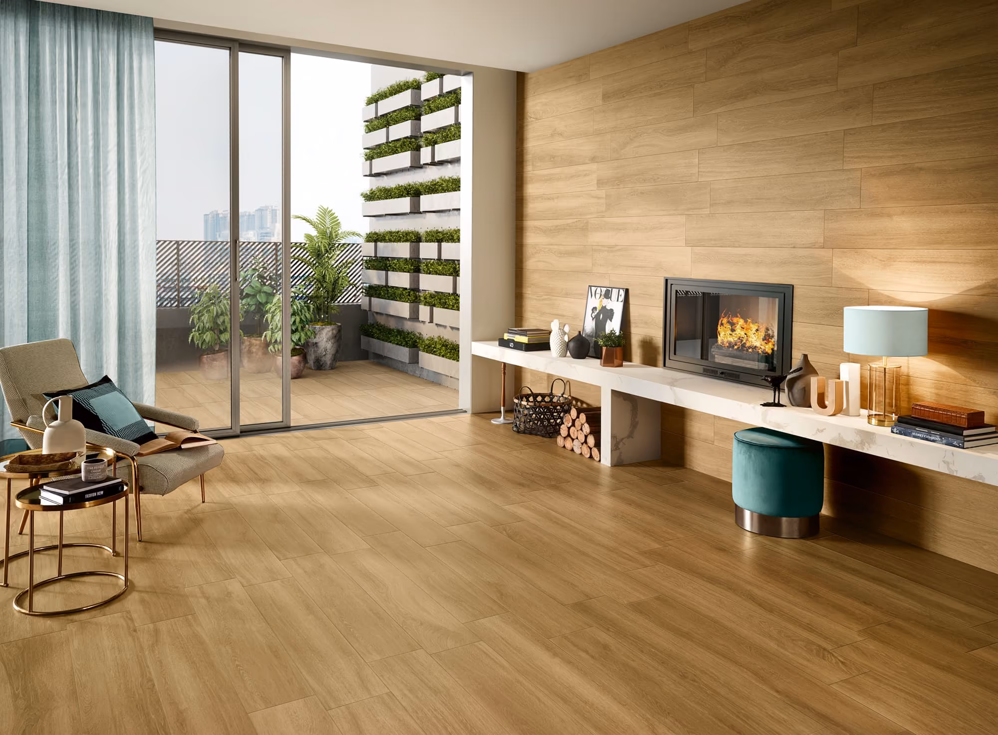 Living room with wood flooring, a fireplace, armchair, side table, and glass doors to a balcony with plants.