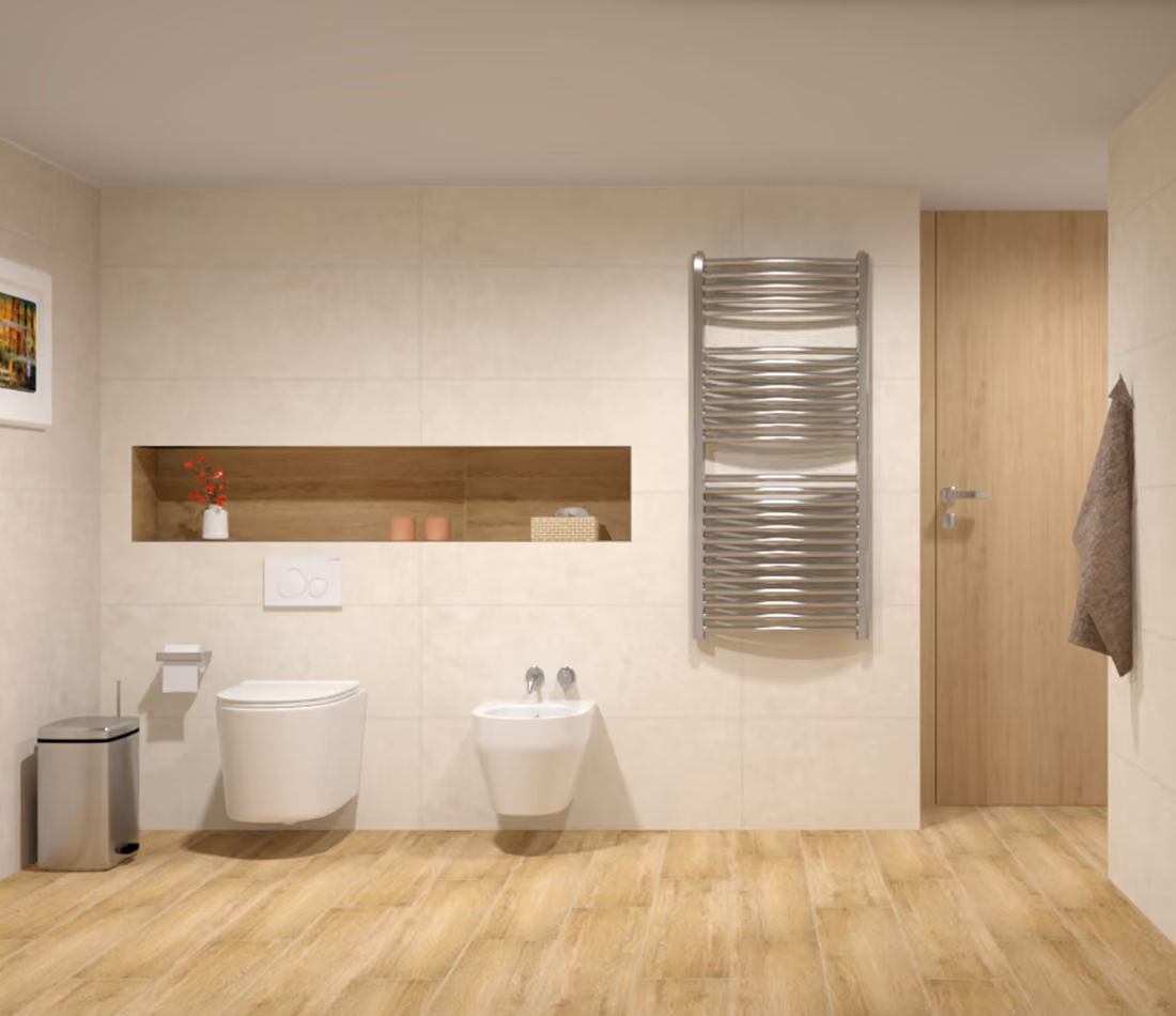 Modern bathroom with wall-mounted toilet and bidet, wood floor, towel rail, and recessed shelf with decor.