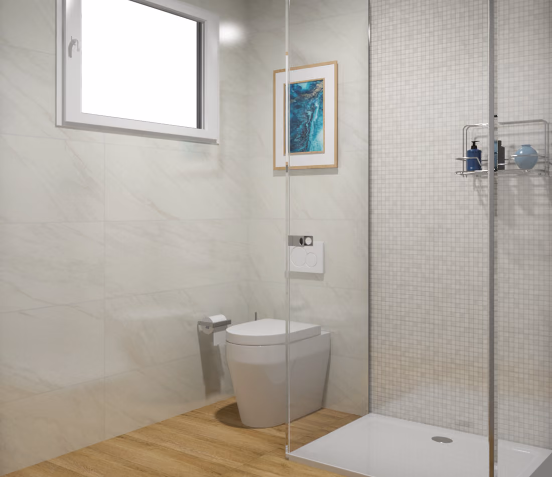 Modern bathroom with a wall-mounted toilet, framed artwork, wood floor, and glass shower enclosure.