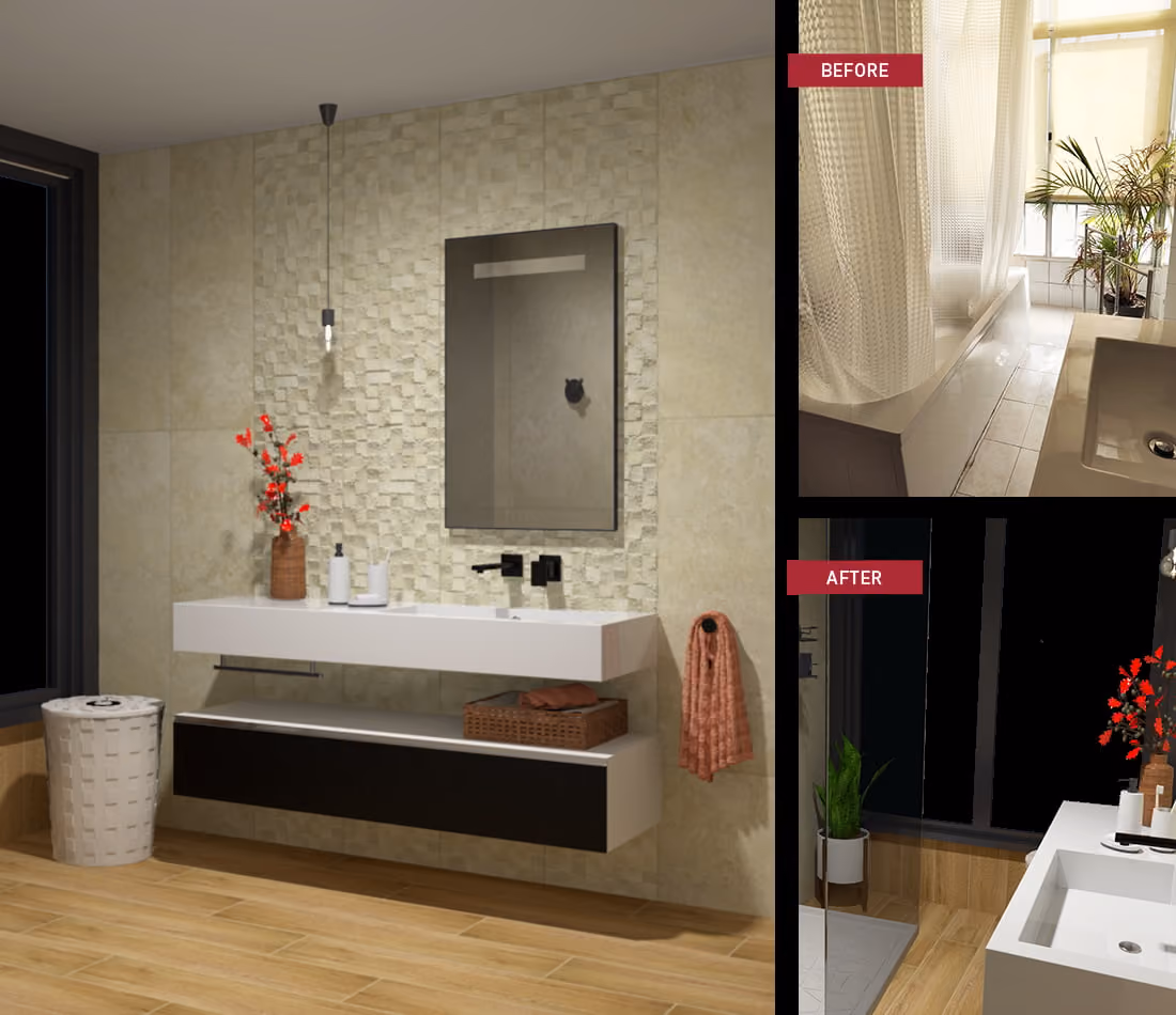 Modern bathroom with floating white sink, textured beige wall, wooden floor, and red flower decor.