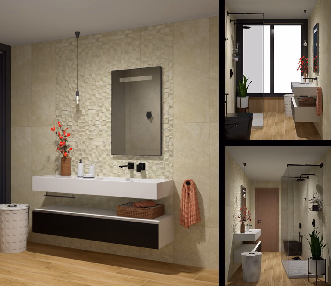 Modern bathroom with floating sink, textured wall, wooden floor, glass shower, and plants.