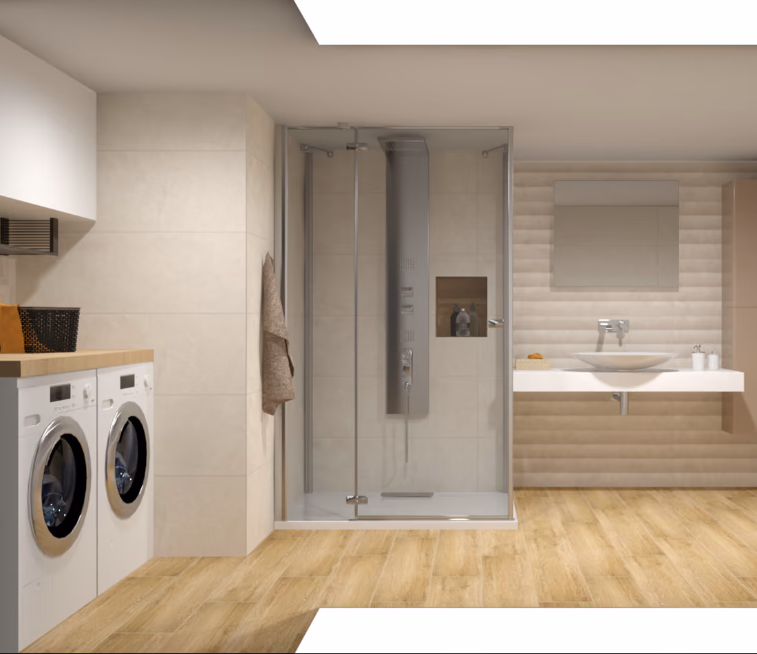 Modern bathroom with glass shower, washing machine, dryer, wooden floor, and wall-mounted sink.