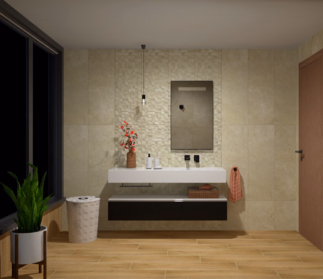 Modern bathroom with floating white sink, mirror, pendant light, potted plant, and wooden door.