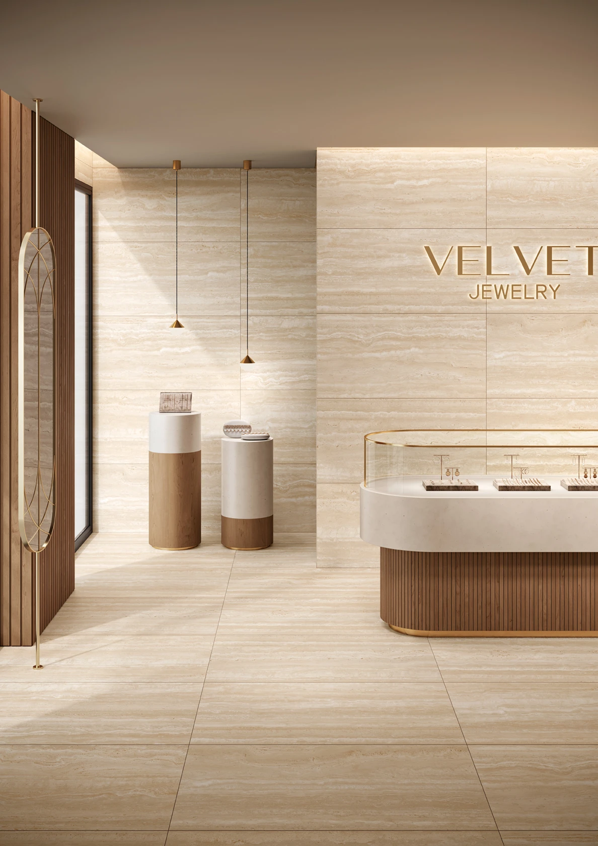 Modern jewelry store interior with beige stone walls, wood accents, and display cases with jewelry.