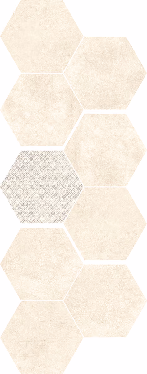Vertical arrangement of beige hexagonal tiles, one with a diamond pattern in the center left.