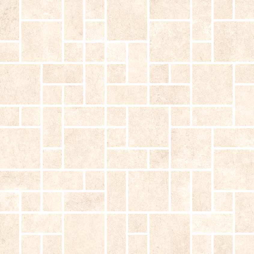 Pattern of beige square and rectangular tiles with light grout lines in a mosaic layout.