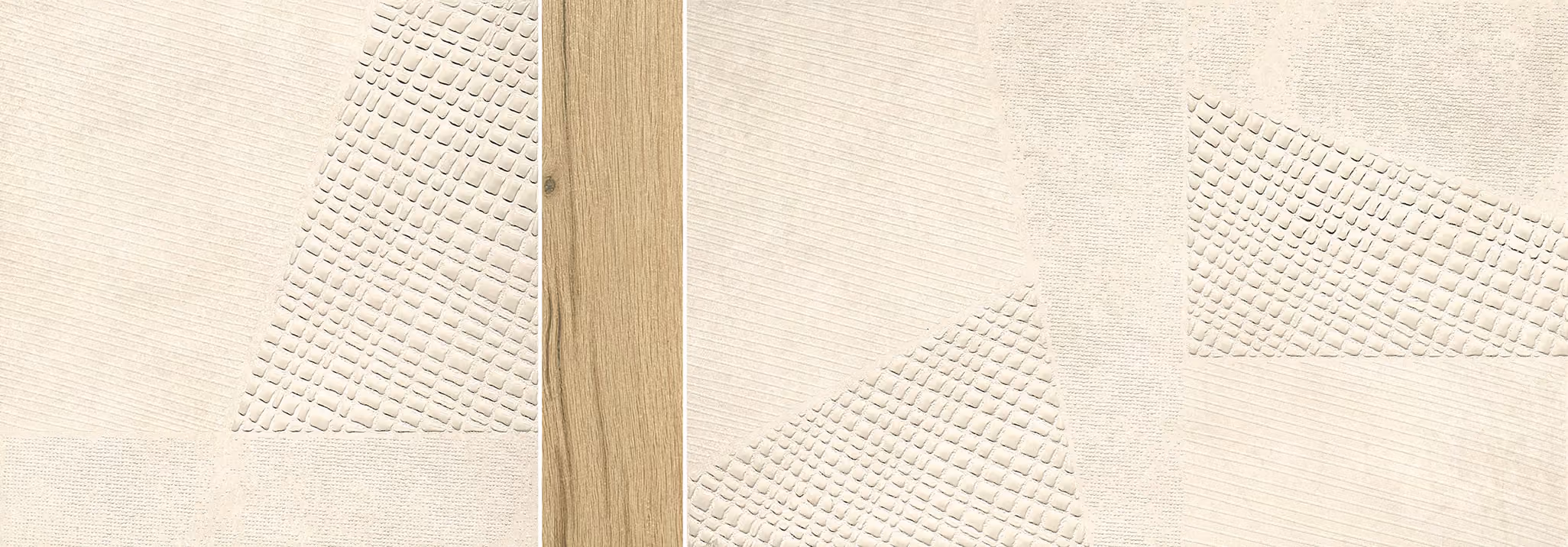 Four tiles with textured geometric patterns in beige tones separated by a vertical wood plank.