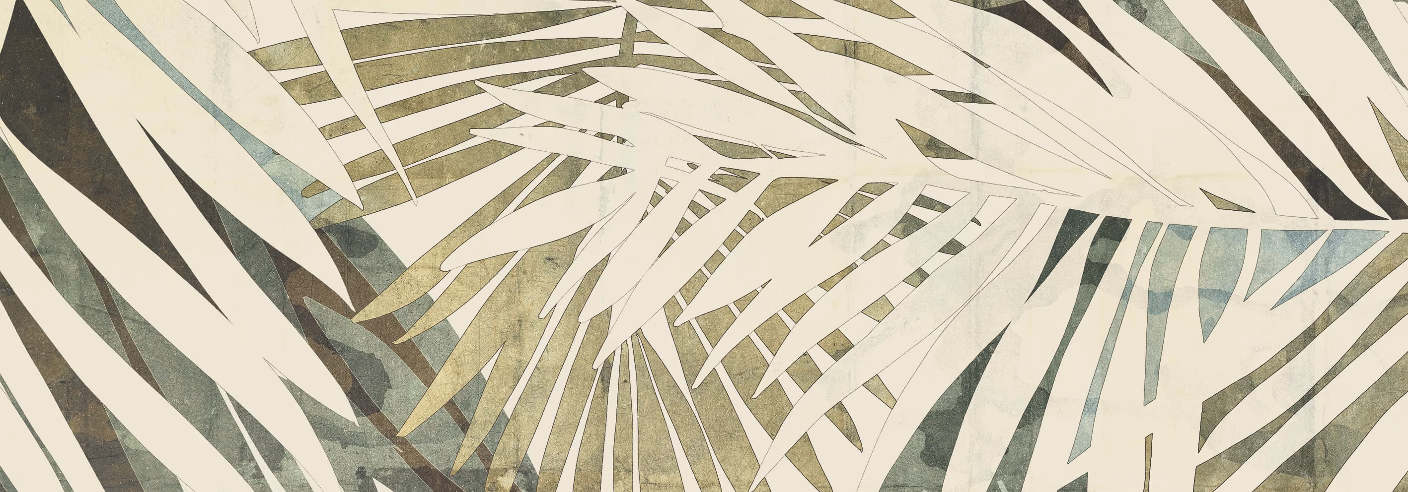 Abstract pattern of overlapping long, thin leaves in muted green, blue, and cream tones.