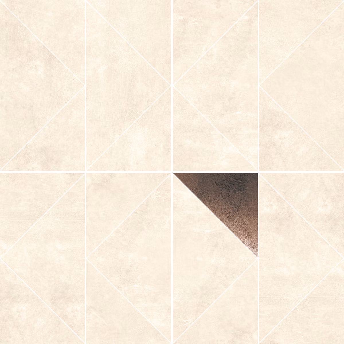 Light beige tiles with geometric white lines and one tile with a dark brown textured triangle.