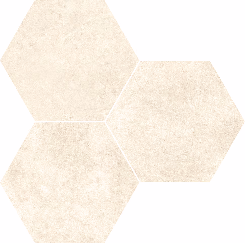 Three light beige hexagonal tiles with subtle texture arranged in a triangular pattern.