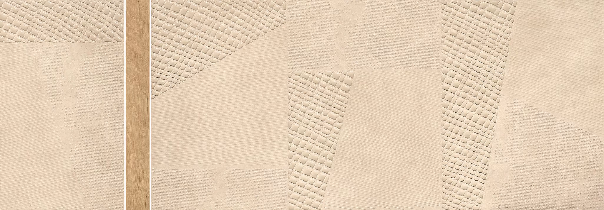 Beige textured wall made of various geometric patterned panels with a vertical wood strip.