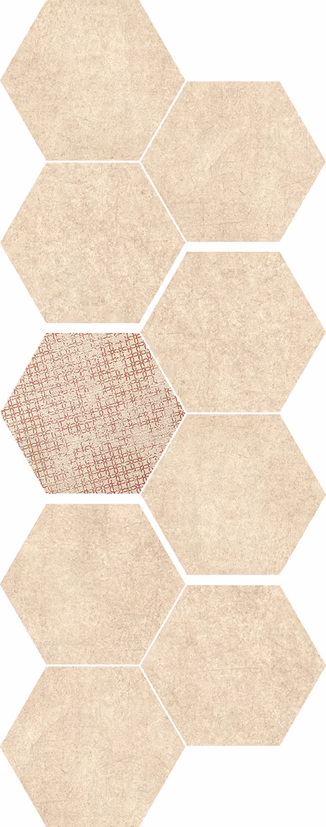 Pattern of beige hexagonal tiles with one tile featuring a red lattice design.