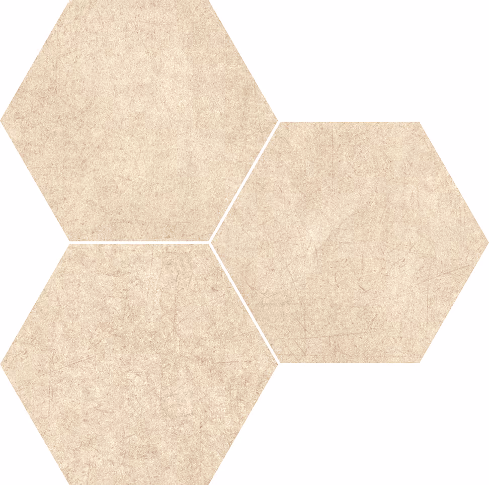 Three beige hexagonal tiles with a textured stone-like surface arranged closely.