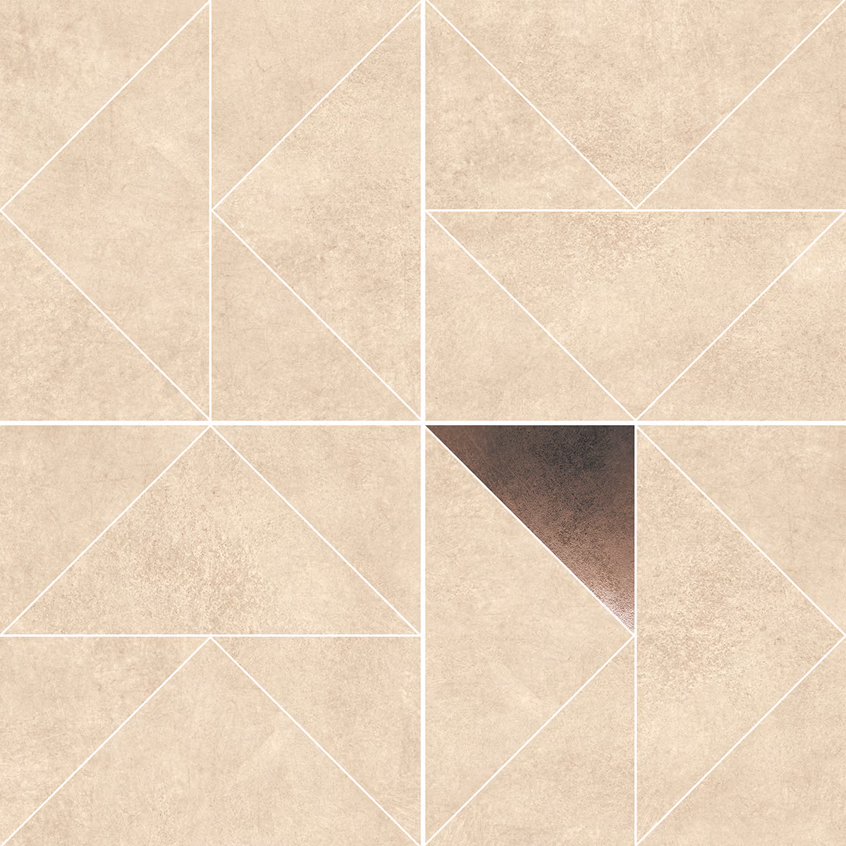 Beige geometric tile pattern with a dark bronze triangle accent in the lower right quadrant.