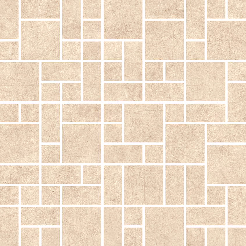 Beige mosaic tile pattern with various rectangular and square shapes separated by white grout lines.