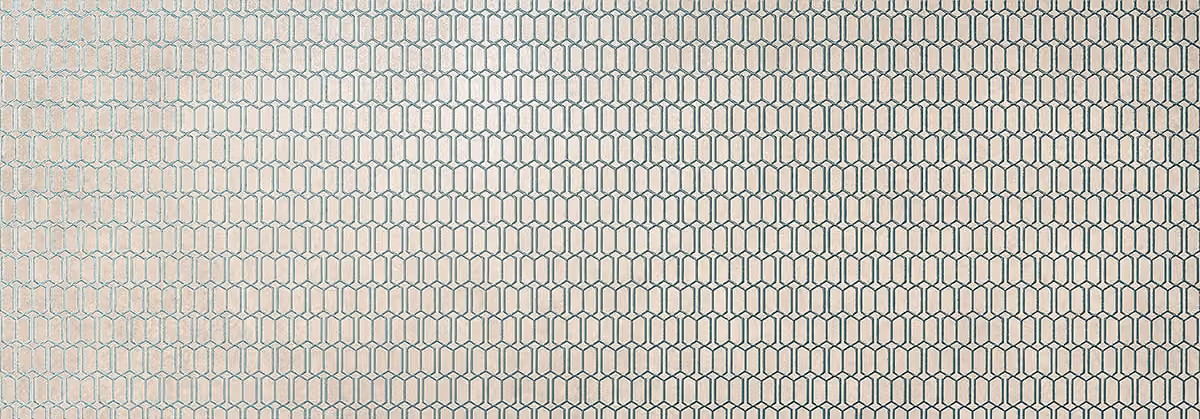 Light grey wall with a repeating geometric pattern of small hexagonal shapes.