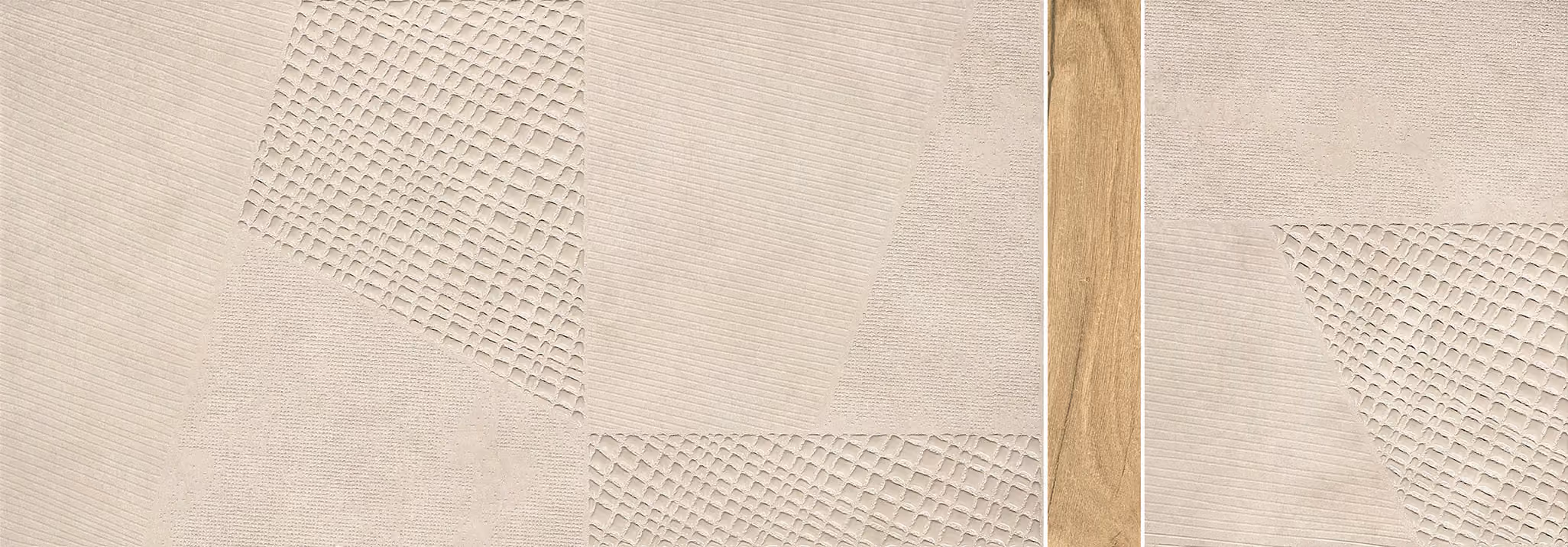 Light grey textured surface with geometric patterns and a vertical wood strip on the right side.