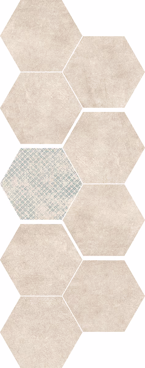 Arrangement of beige hexagonal tiles with one tile featuring a subtle green geometric pattern.