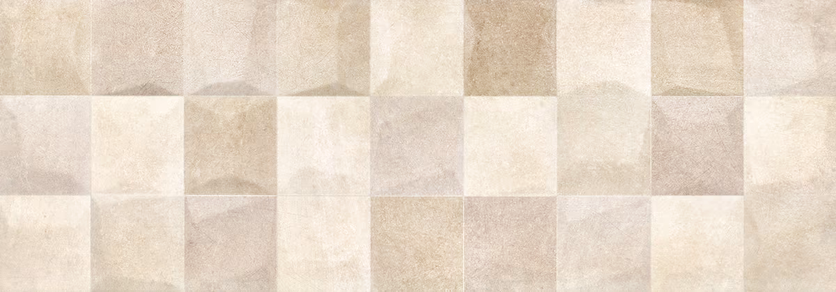 Pattern of beige and cream square tiles with subtle textures arranged in a grid.