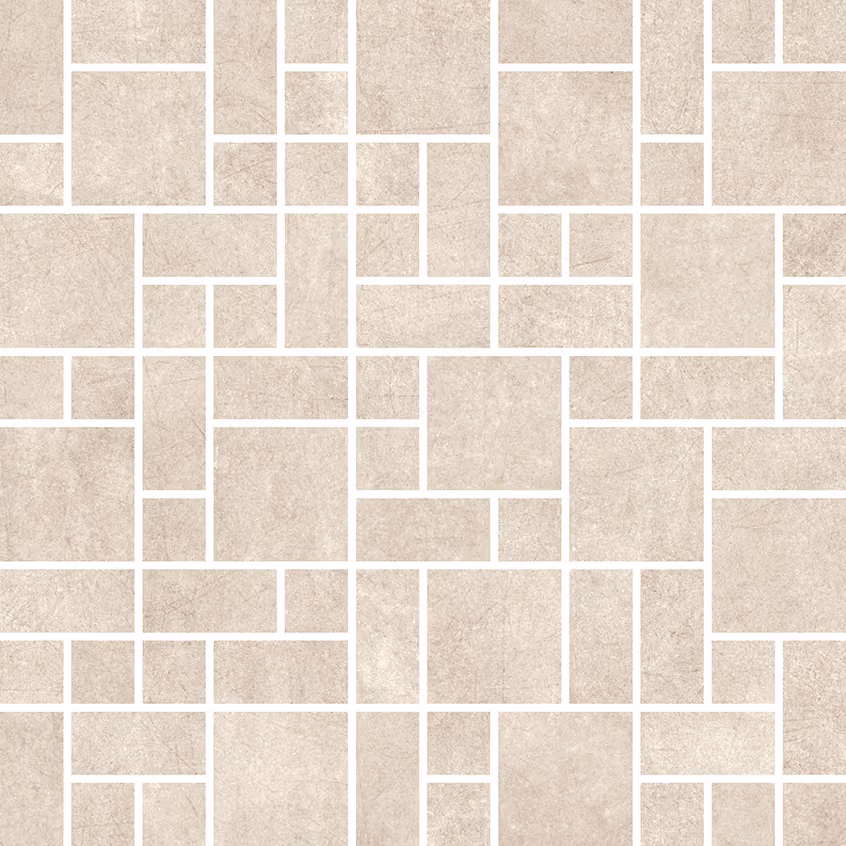 Light grey mosaic tile pattern with various rectangular and square shapes separated by thin grout lines.
