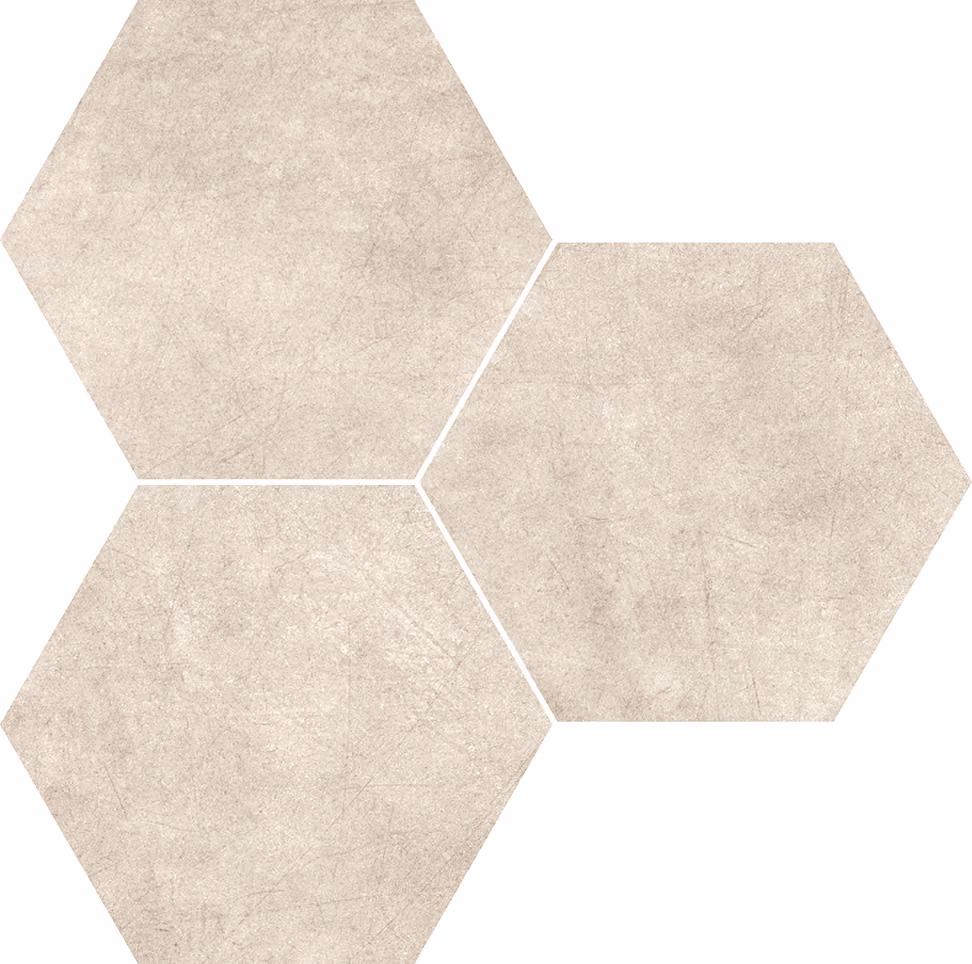 Three light grey hexagon tiles with subtle textured patterns on a white background.
