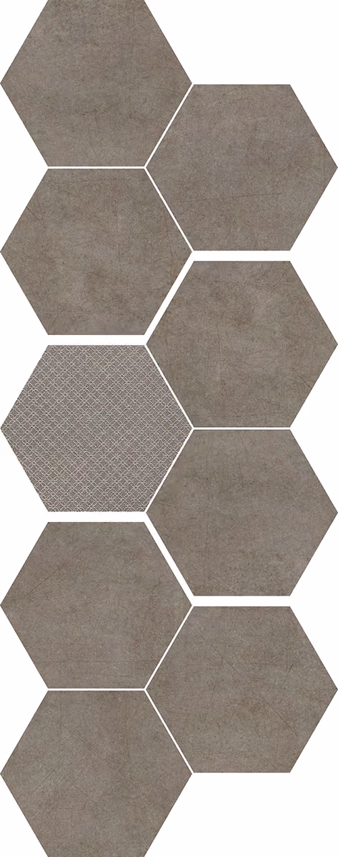 Vertical arrangement of brown hexagonal tiles, one with a subtle white geometric pattern.