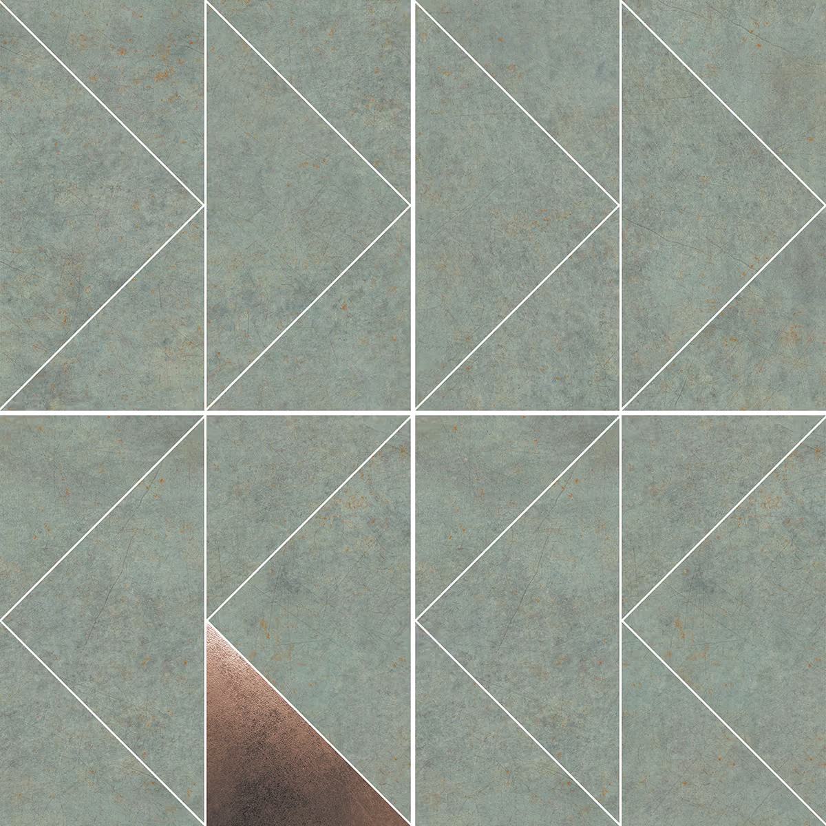 Green textured tiles with white geometric lines forming arrow shapes, one tile has a copper-colored section.
