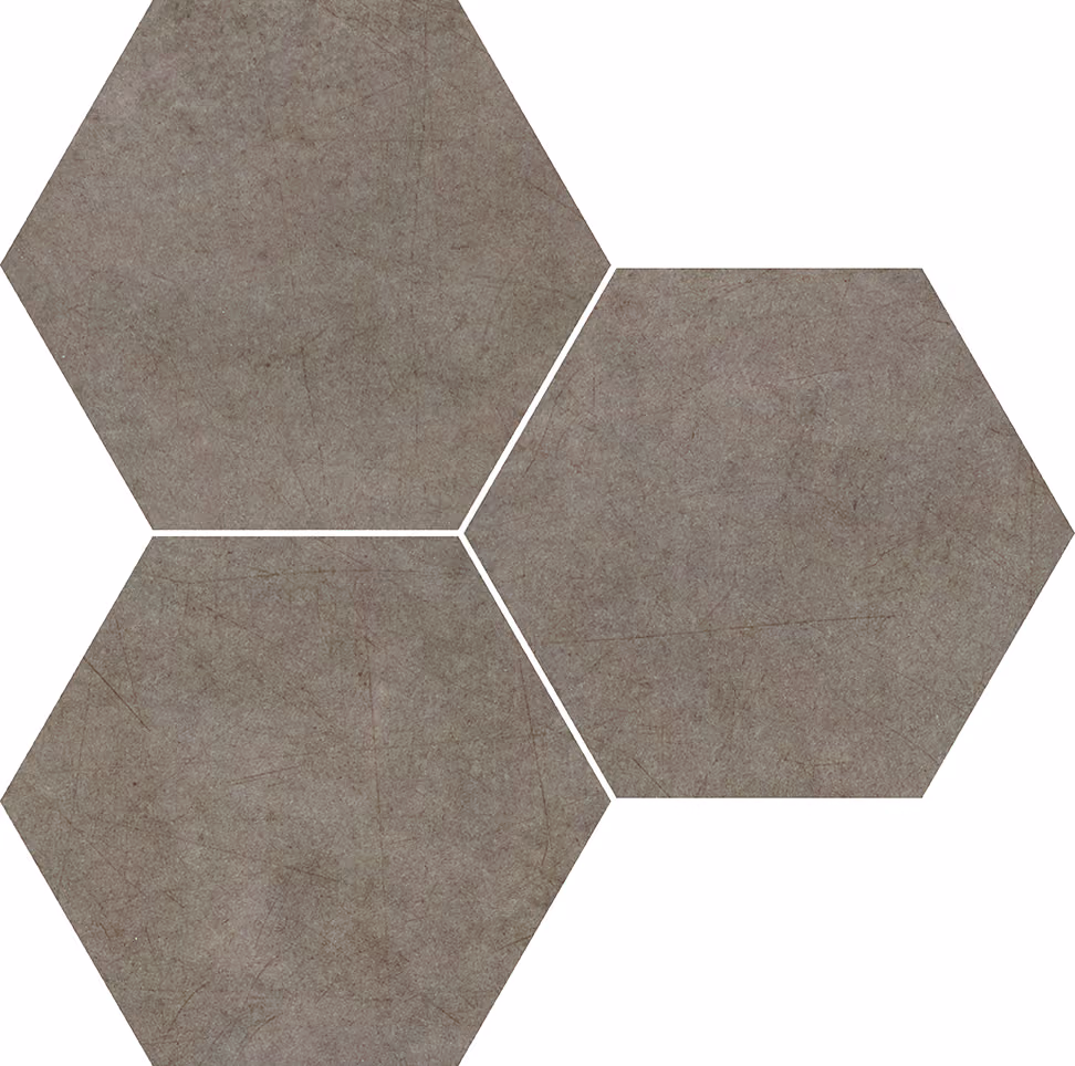 Three grey hexagonal tiles with a textured stone-like surface arranged on a white background.