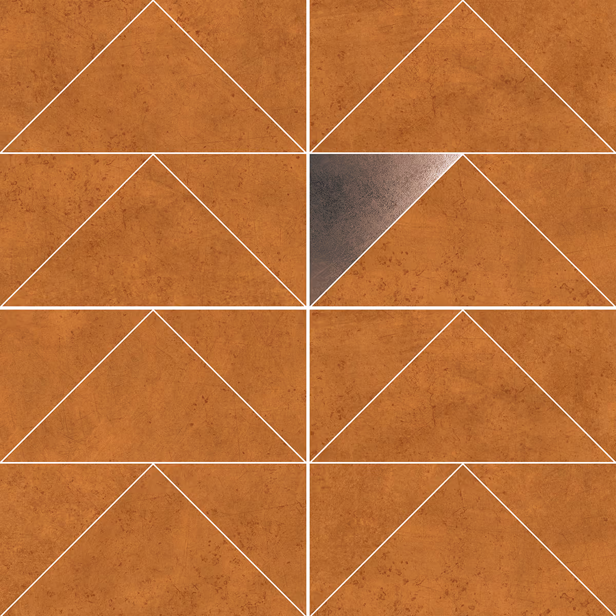 Close-up of orange-brown textured tiles arranged in a geometric pattern with one metallic triangle.