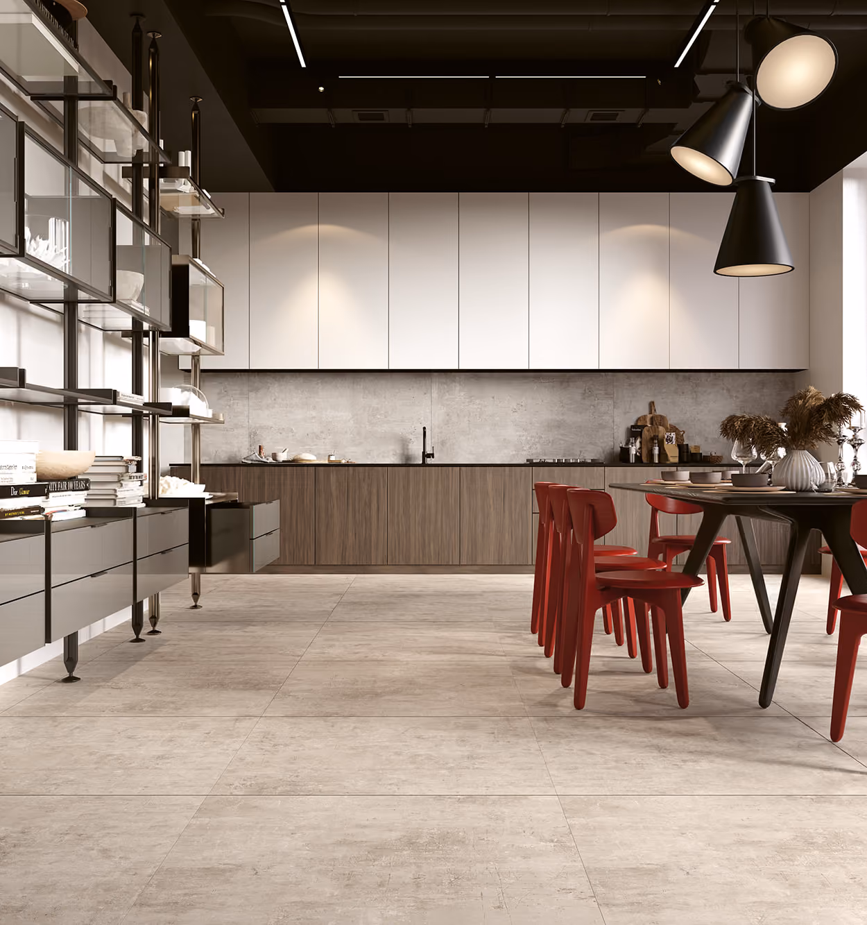 Modern kitchen with white upper cabinets, wood lower cabinets, black accents, and red dining chairs.
