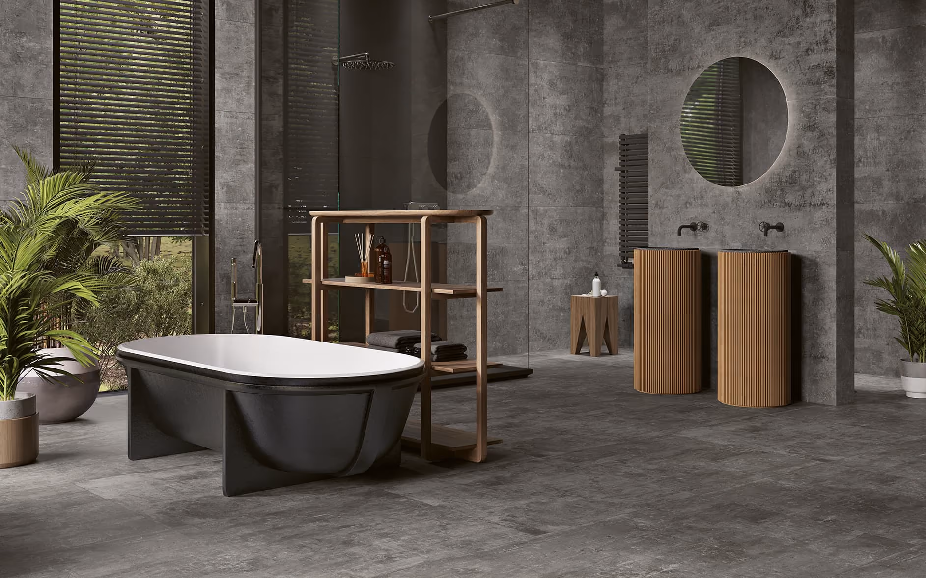 Modern bathroom with black bathtub, wooden shelving, two wood-textured sinks, round mirror, and plants.