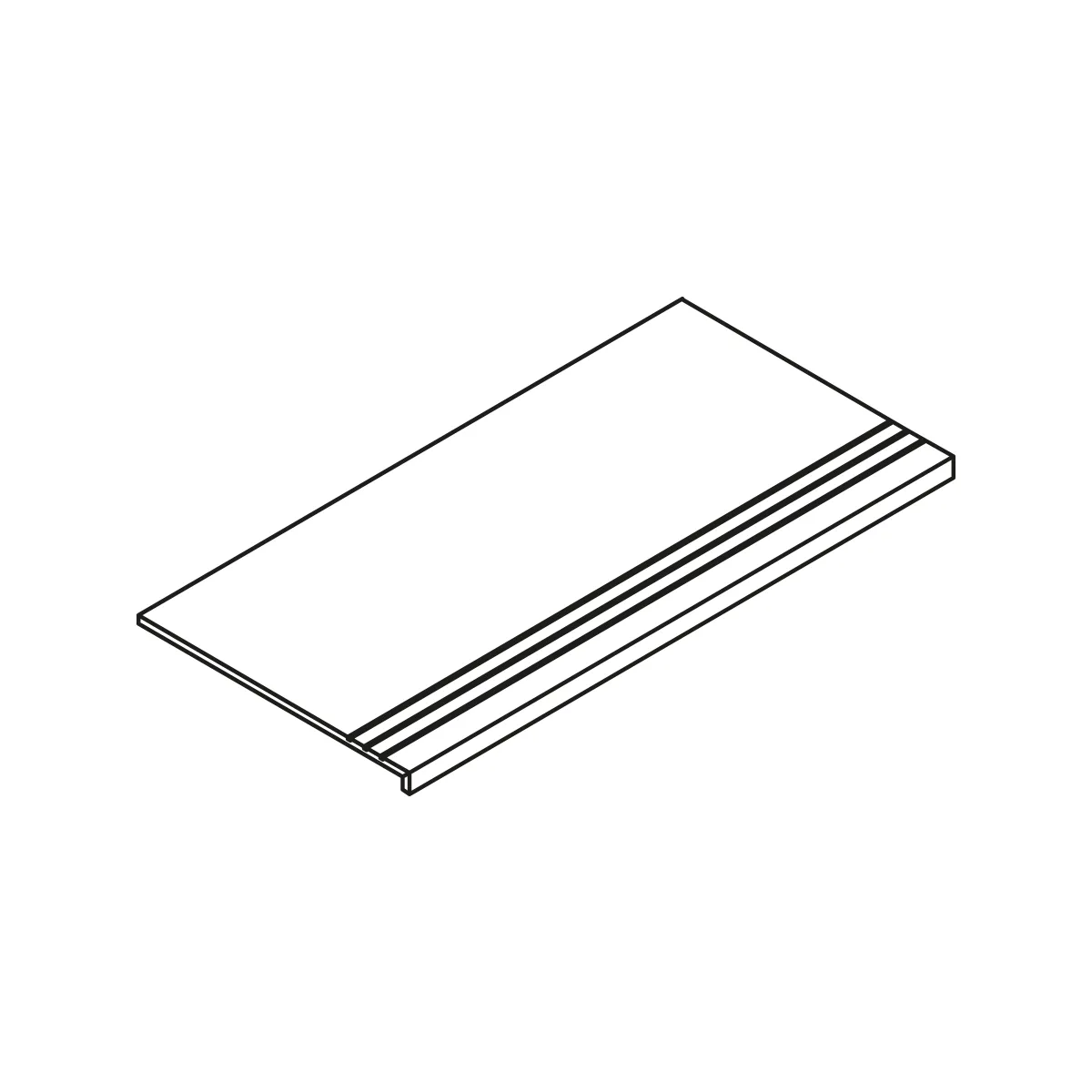 Isometric line drawing of a grooved step tread with a front lip edge.