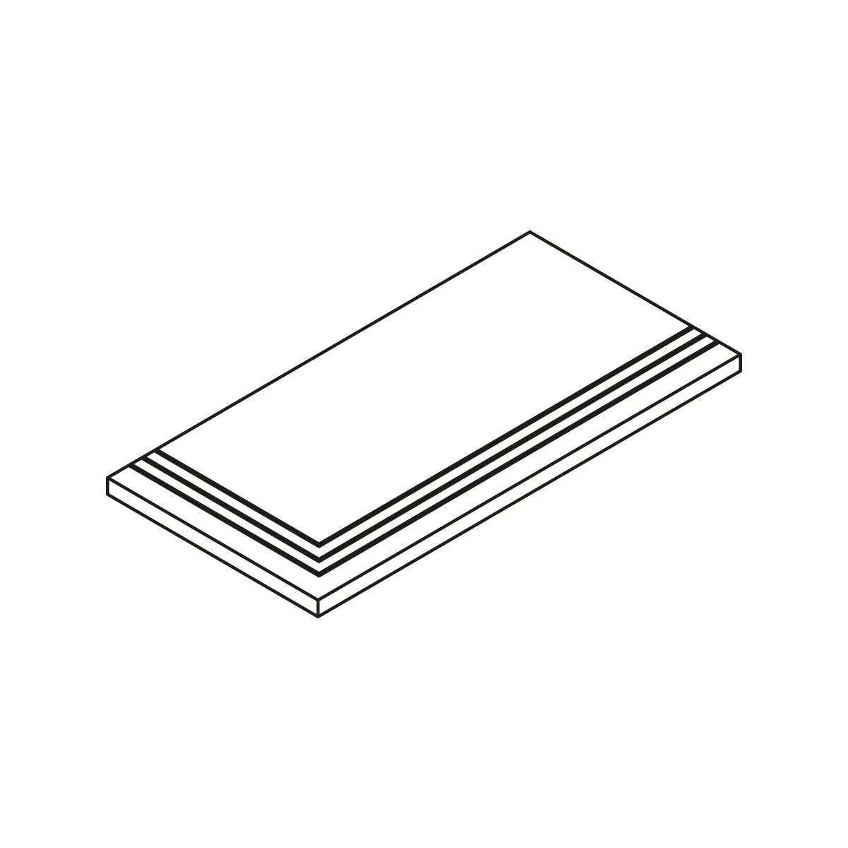 Isometric drawing of a rectangular step tread with three grooved lines on one edge.
