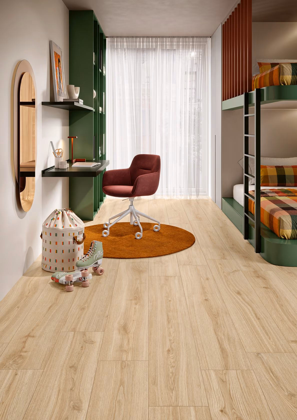 Modern bedroom with wooden floors, green bunk beds, a red chair on a round rug, and roller skates