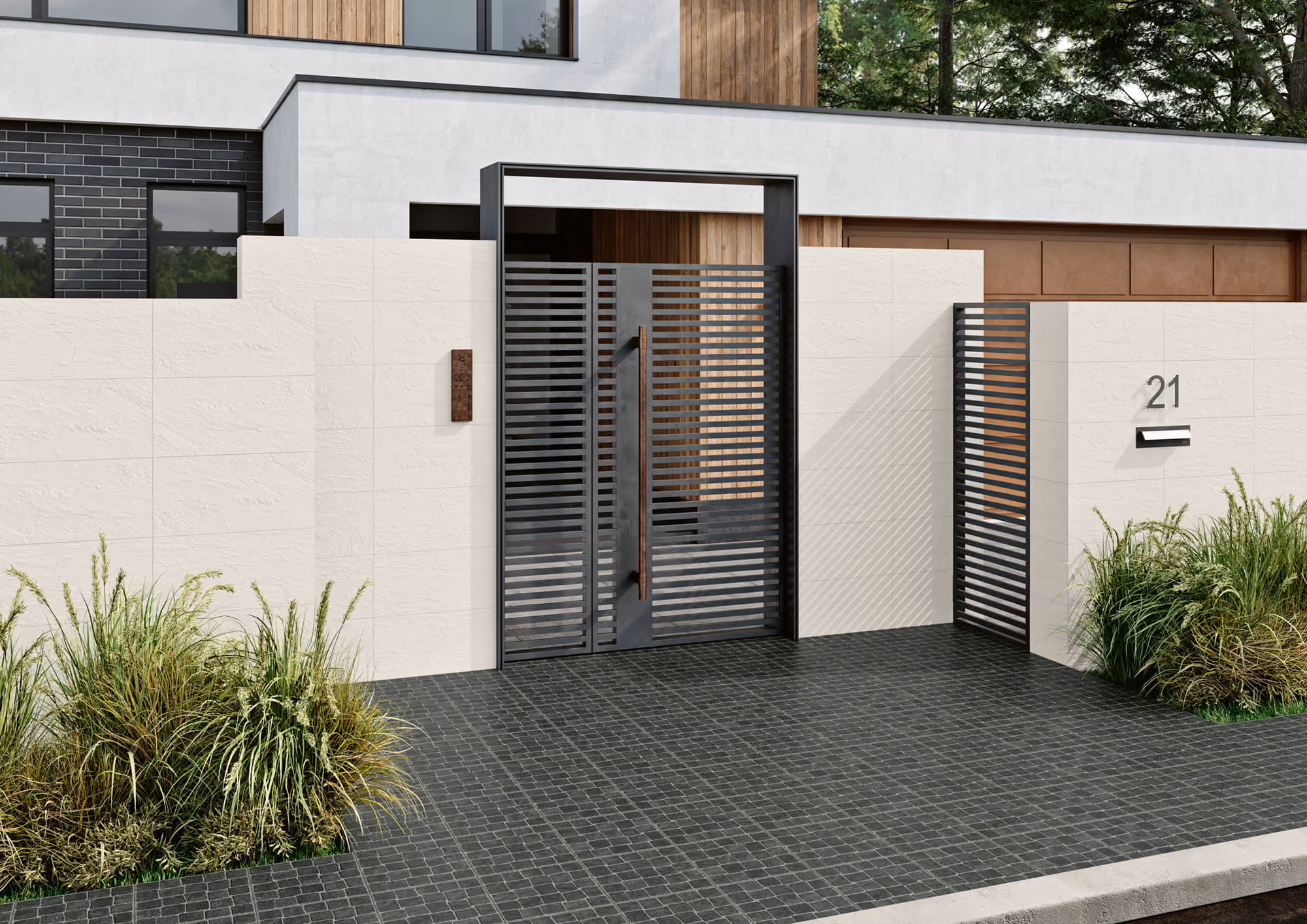 Modern house entrance with black metal gate, beige walls, house number 21, and green plants.