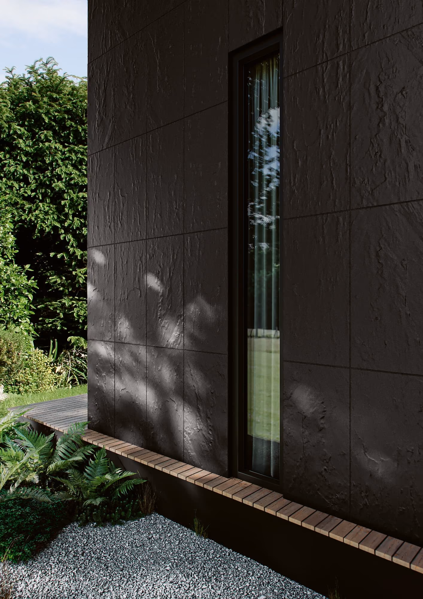 Close-up of a modern dark textured wall with a narrow window reflecting greenery outside.