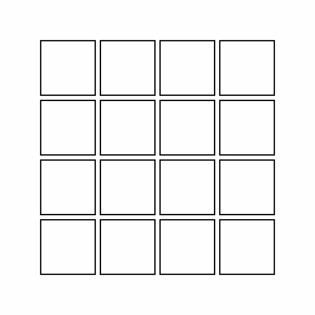 Grid of 16 empty squares arranged in four rows and four columns with black outlines.