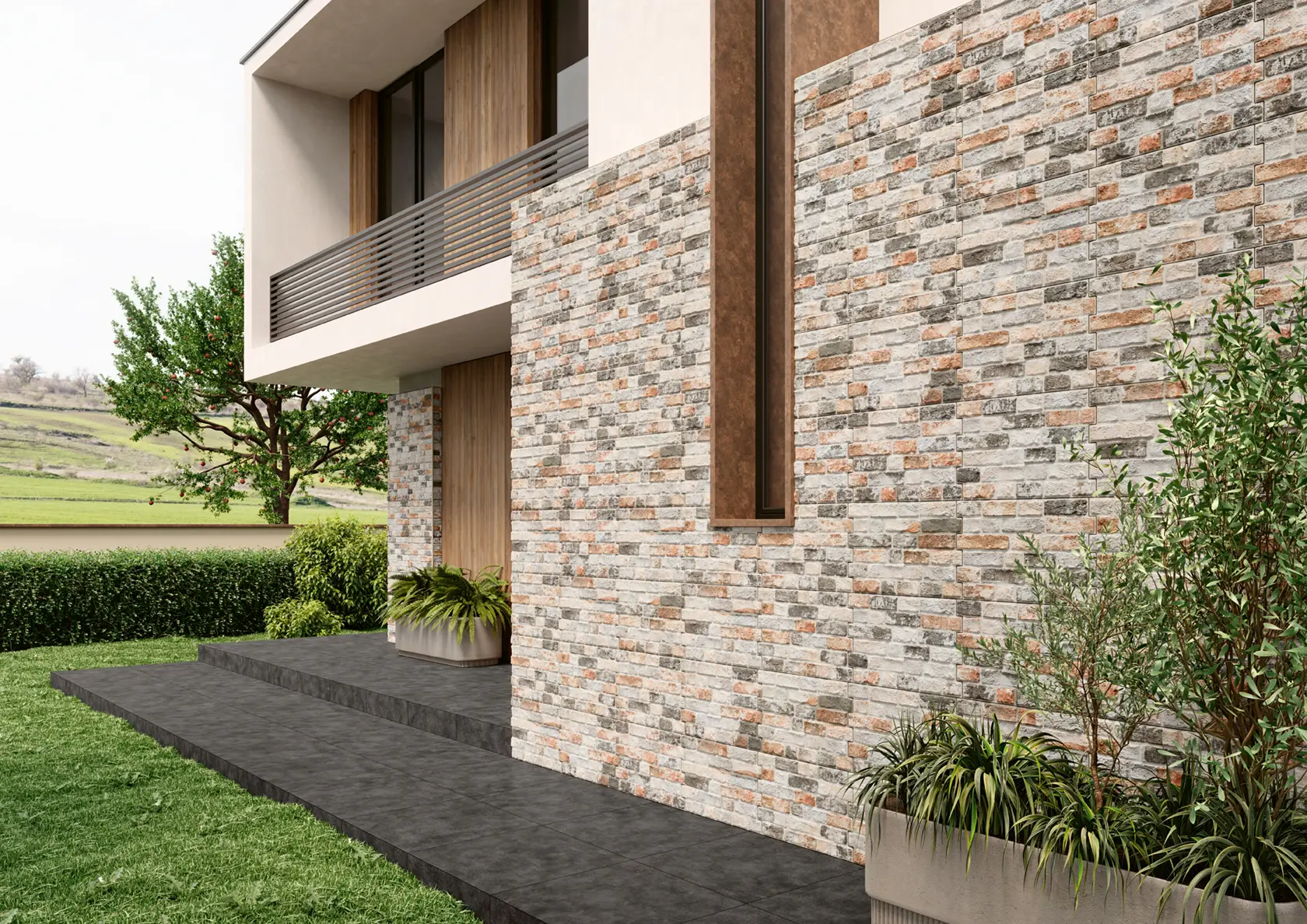Modern house entrance with stone brick wall, wooden door, concrete steps, and green plants.